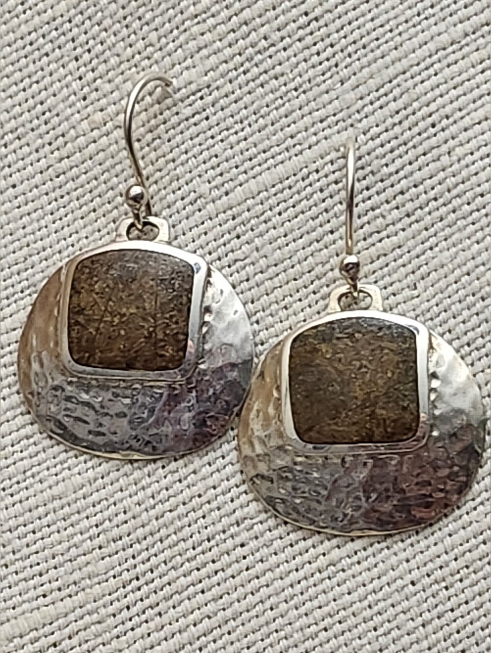 Silpada Sterling Silver Hammered Drop Earrings with Brown Stone Inset